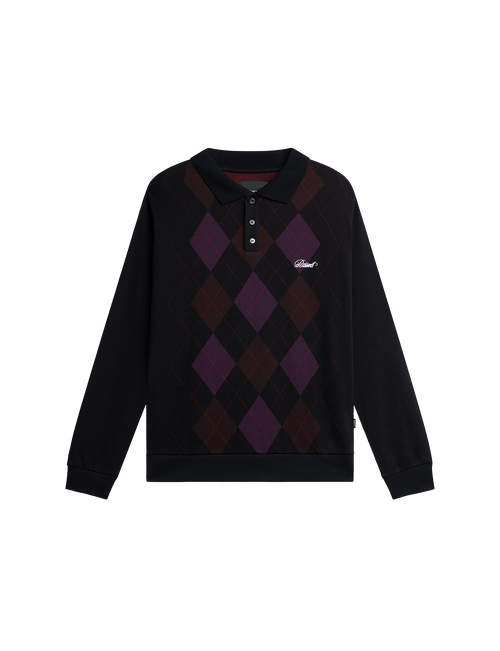 RASSVET(ラスベート) 2026FW ARGYLE POLO アーガイル柄の長袖ポロシャツ ブラック フロント