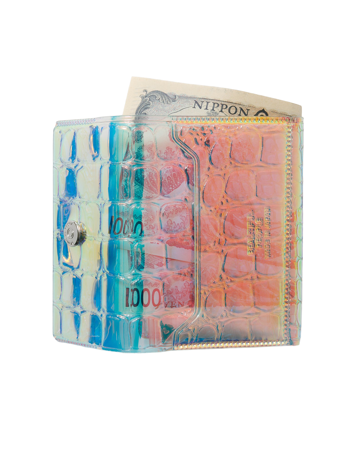 beautiful people(ビューティフルピープル) 2027SS nothing to hide aurora mini wallet オーロラ ミニ財布 マルチ お札を入れたイメージ