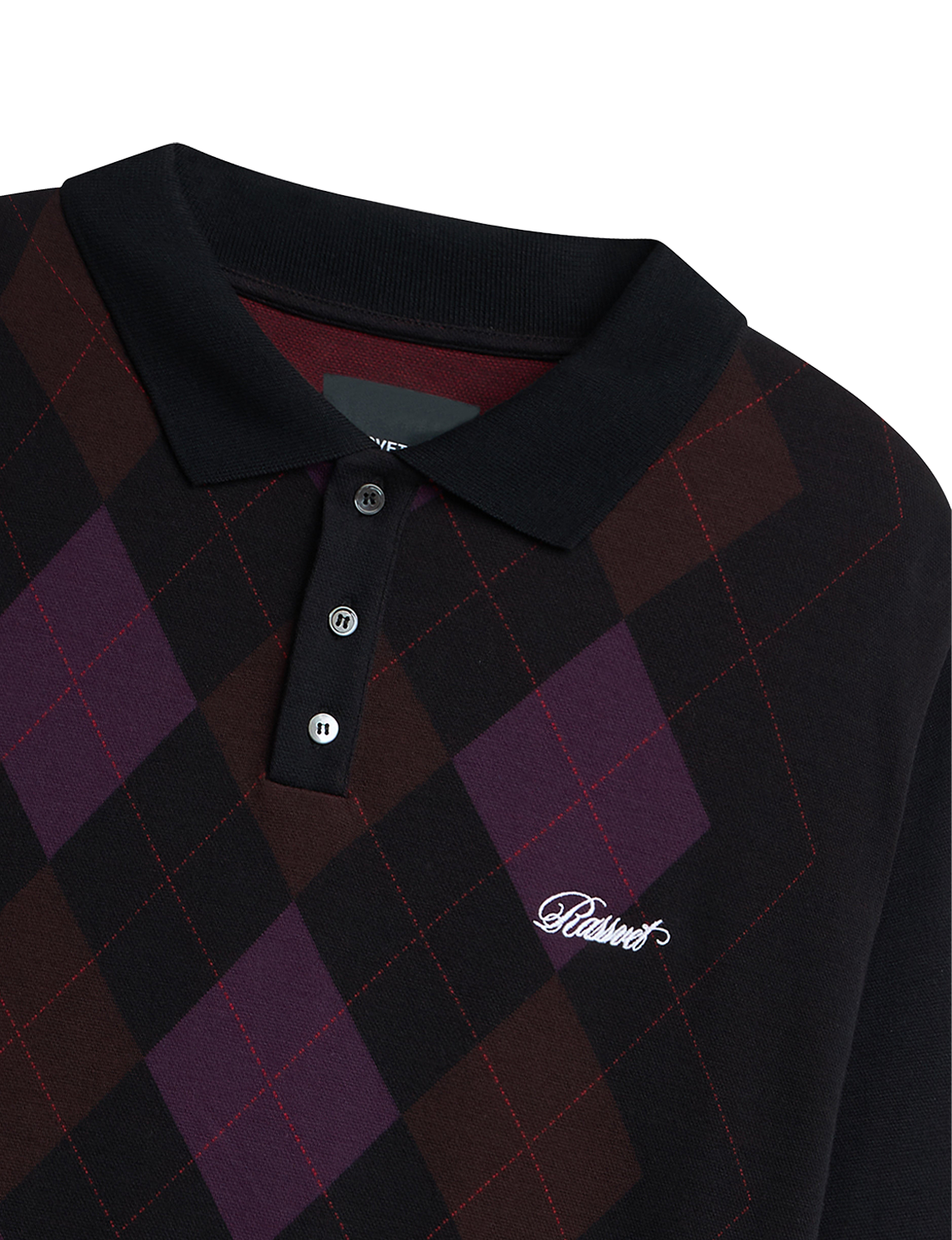 RASSVET(ラスベート) 2026FW ARGYLE POLO アーガイル柄の長袖ポロシャツ ブラック 衿とロゴ刺繍のディテール