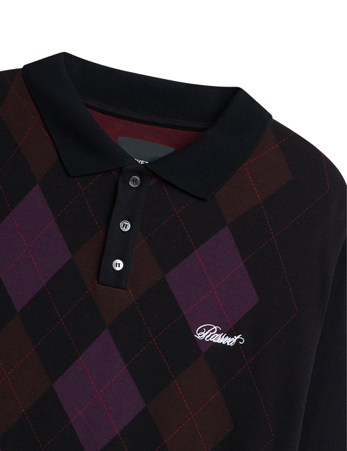 RASSVET(ラスベート) 2026FW ARGYLE POLO アーガイル柄の長袖ポロシャツ ブラック 衿とロゴ刺繍のディテール