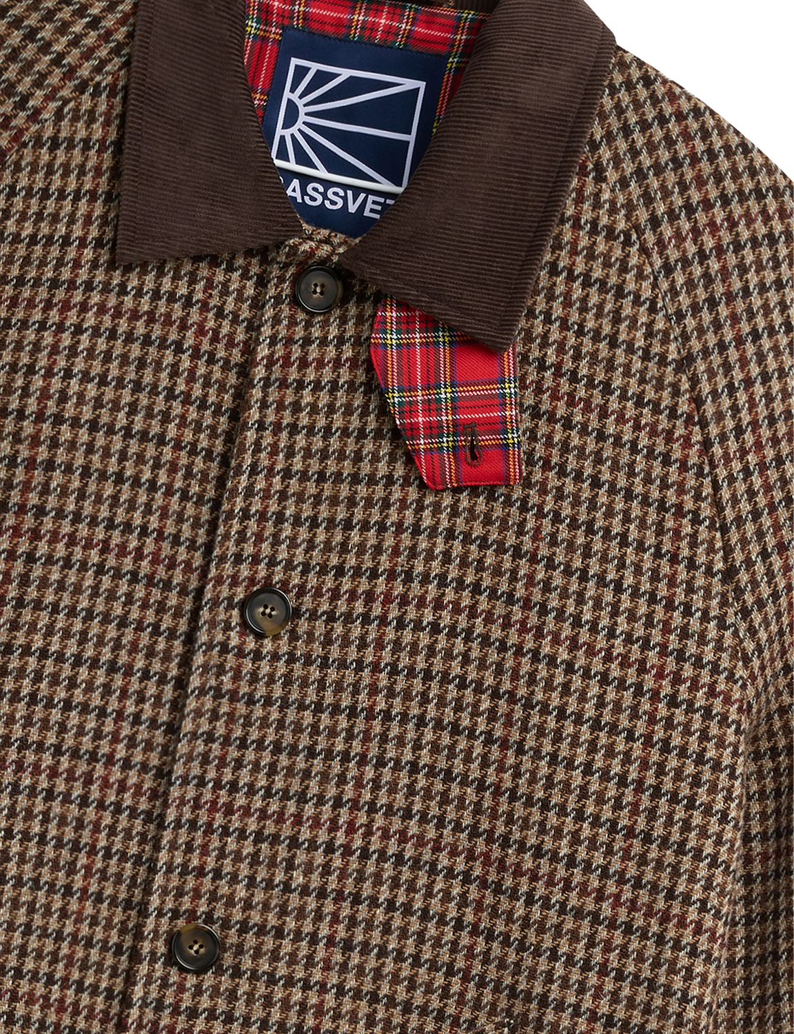 RASSVET(ラスベート) 2026FW HOUNDSTOOTH WOOL COAT 千鳥格子のウールカーコート ブラウン 衿と胸元のディテール