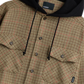 RASSVET(ラスベート) 2026FW HOODED WOOL COMBO OVER SHIRT フード付きチェックのウールオーバーシャツ ブラウン フードと胸ポケットのディテール