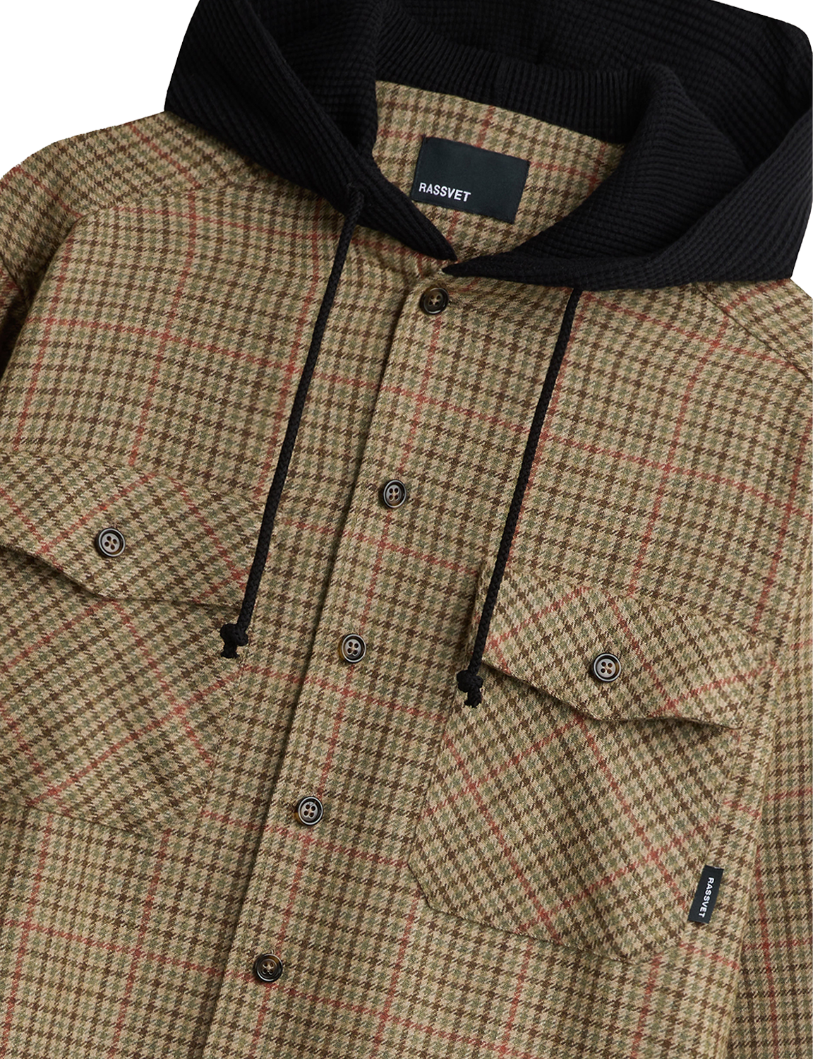 RASSVET(ラスベート) 2026FW HOODED WOOL COMBO OVER SHIRT フード付きチェックのウールオーバーシャツ ブラウン フードと胸ポケットのディテール
