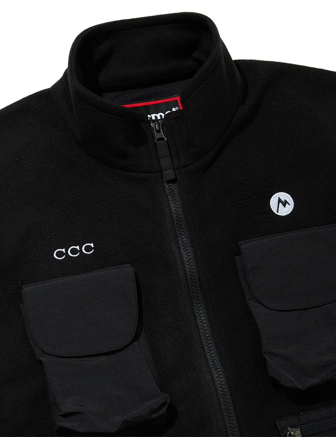 CITY COUNTRY CITY(シティ・カントリー・シティ) 2026FW × Marmot POLARTEC FLEECE JACKET フリースジャケット ブラック 胸元のロゴとポケットのディテール