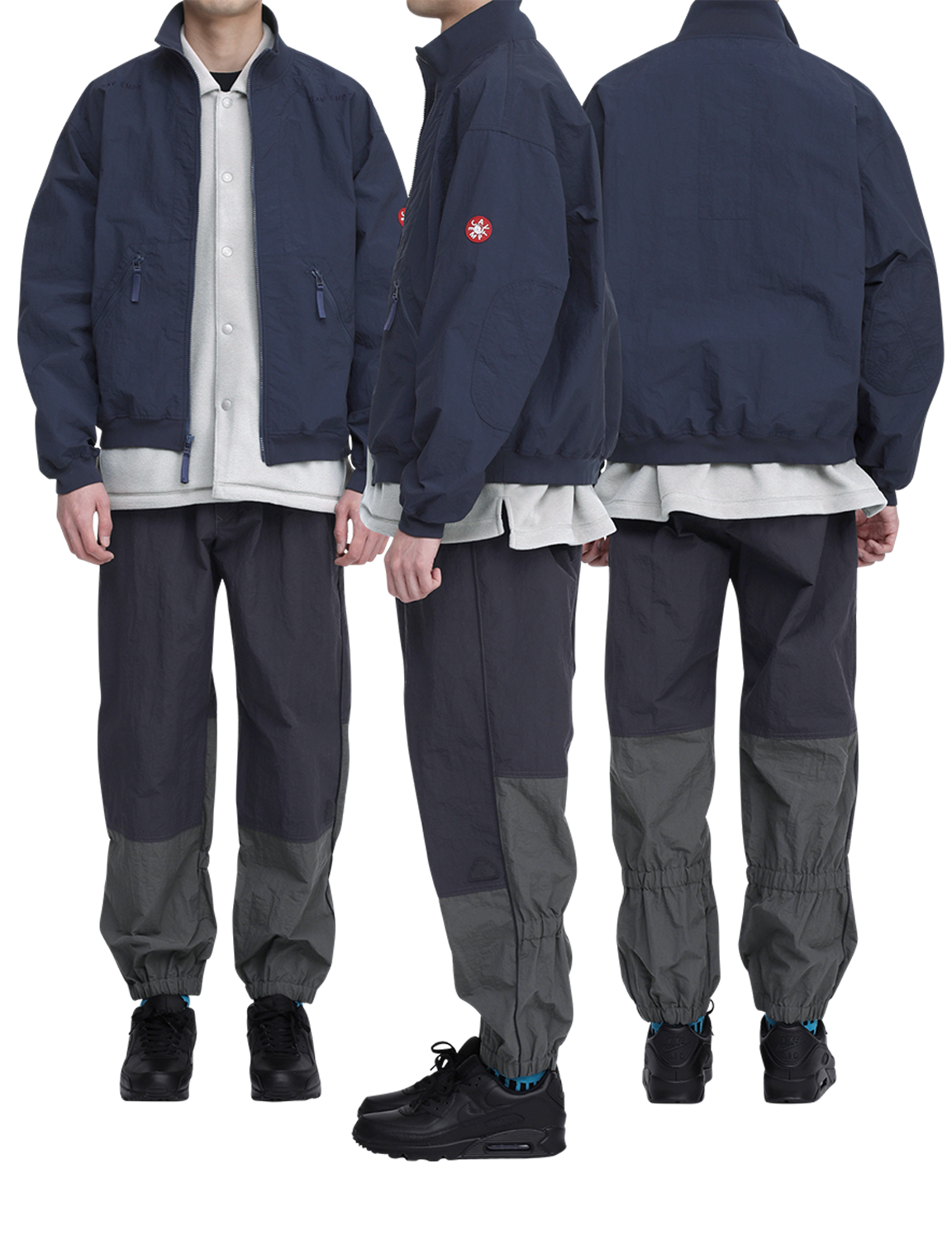 C.E CAV EMPT(シーイー) 2026FW NYLON SPLIT WARM UP PANTS ナイロンウォームアップパンツ ブラック 着用イメージ