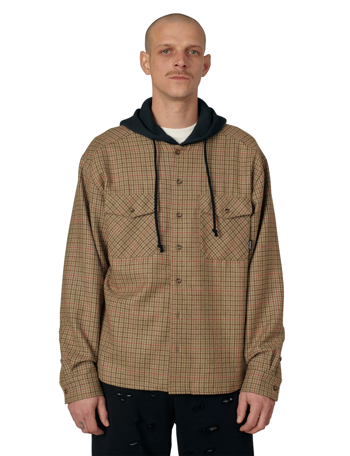 RASSVET(ラスベート) 2026FW HOODED WOOL COMBO OVER SHIRT フード付きチェックのウールオーバーシャツ ブラウン 着用イメージ 正面アップ