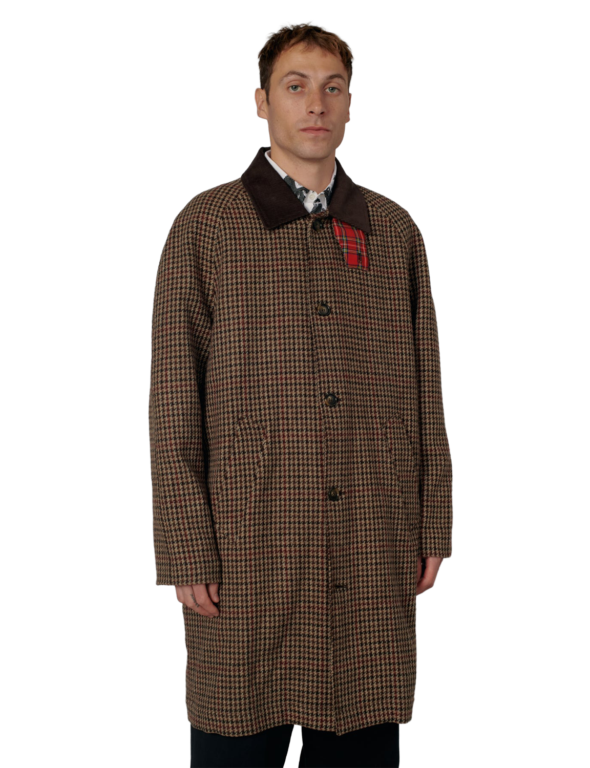 RASSVET(ラスベート) 2026FW HOUNDSTOOTH WOOL COAT 千鳥格子のウールカーコート ブラウン 着用イメージ 正面アップ