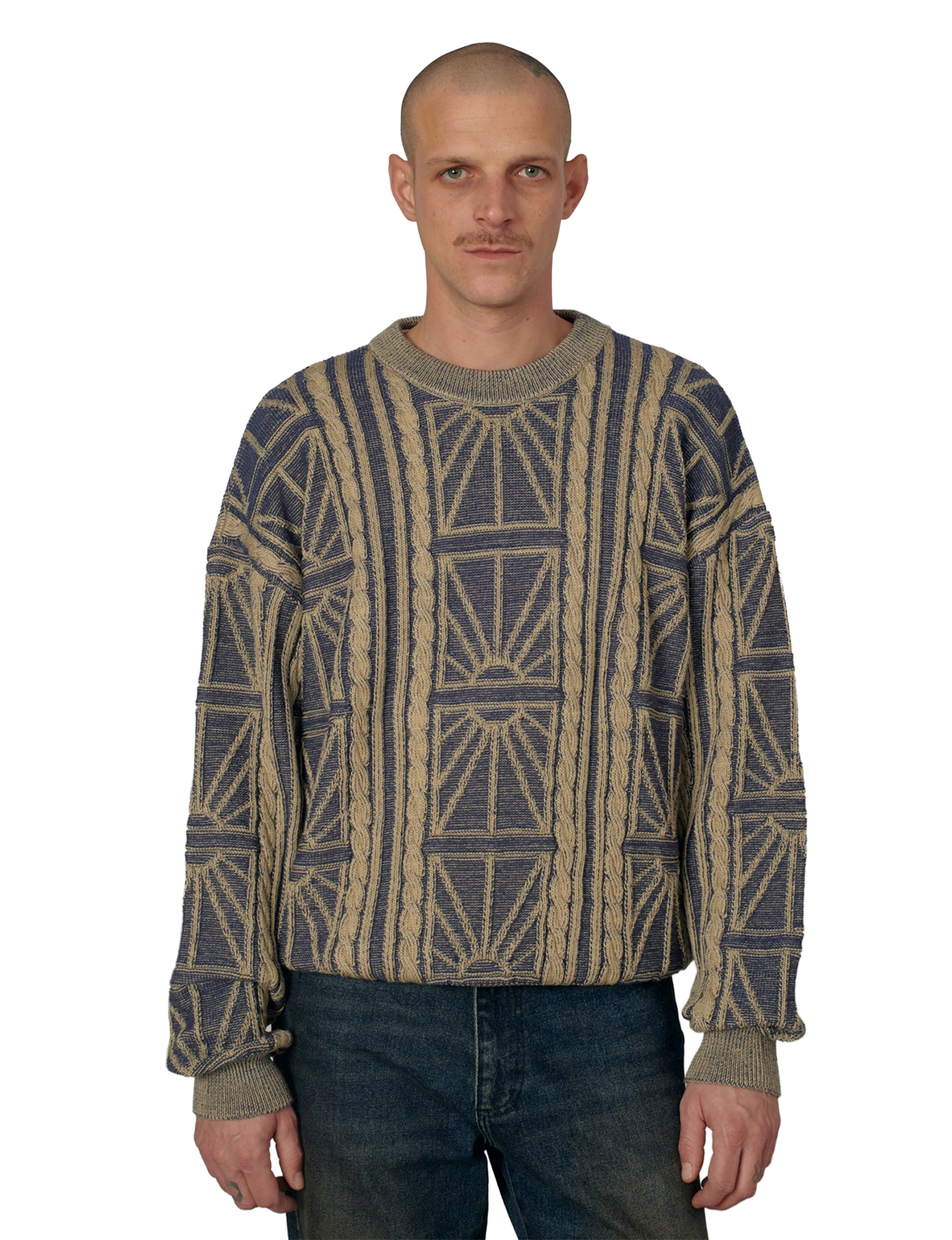 RASSVET(ラスベート) 2026FW ARAN CREWNECK アラン編みのクルーネックニット ブルー 着用イメージ 正面アップ