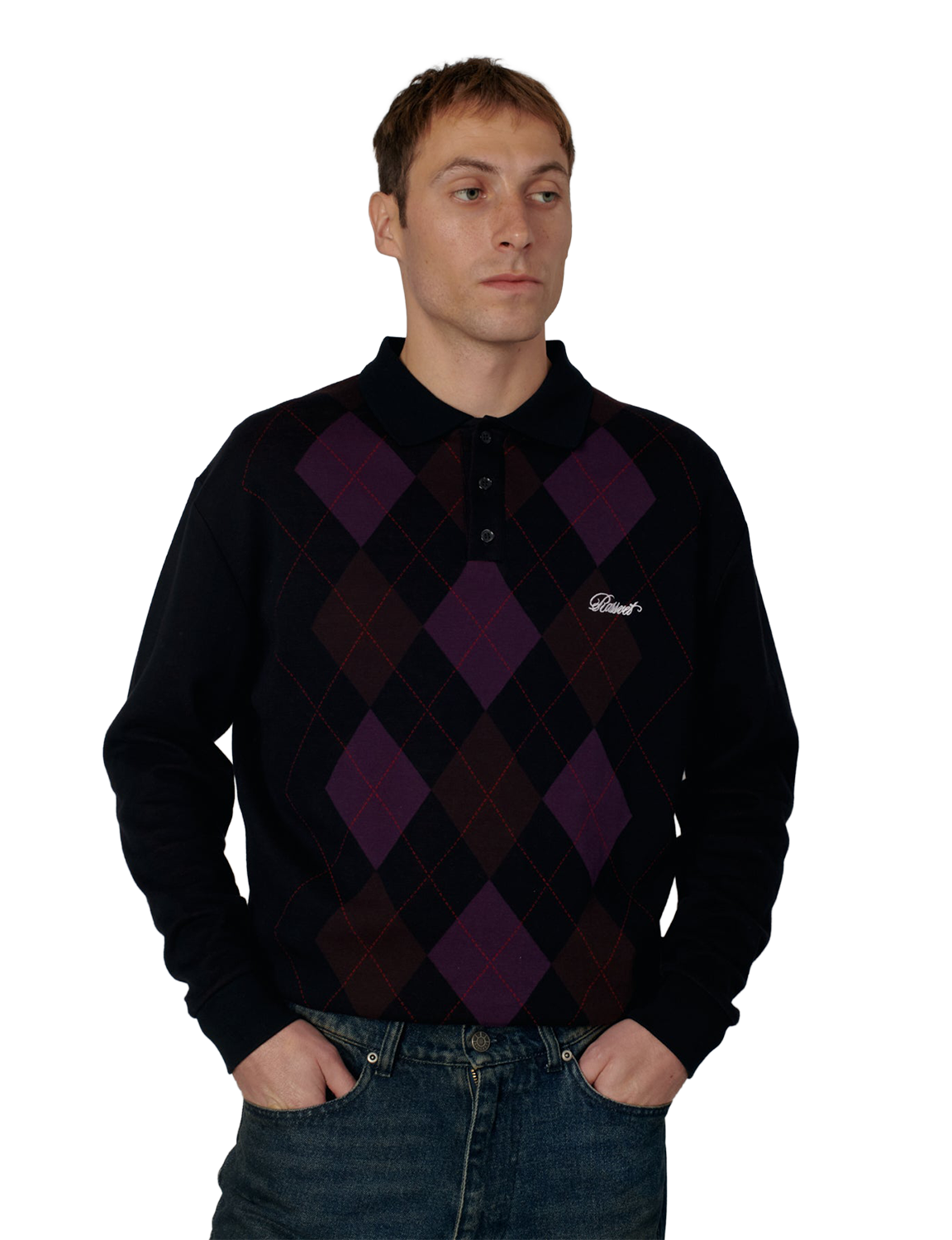 RASSVET(ラスベート) 2026FW ARGYLE POLO アーガイル柄の長袖ポロシャツ ブラック 着用イメージ 正面アップ