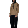 RASSVET(ラスベート) 2026FW HOODED WOOL COMBO OVER SHIRT フード付きチェックのウールオーバーシャツ ブラウン 着用イメージ フードをかぶった正面
