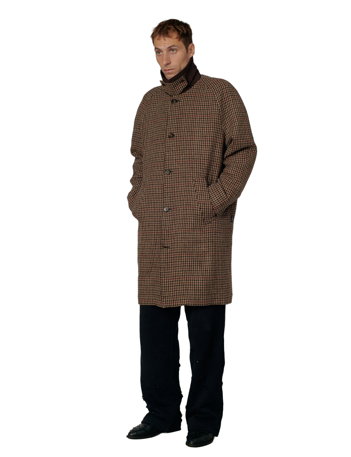 RASSVET(ラスベート) 2026FW HOUNDSTOOTH WOOL COAT 千鳥格子のウールカーコート ブラウン 着用イメージ 正面