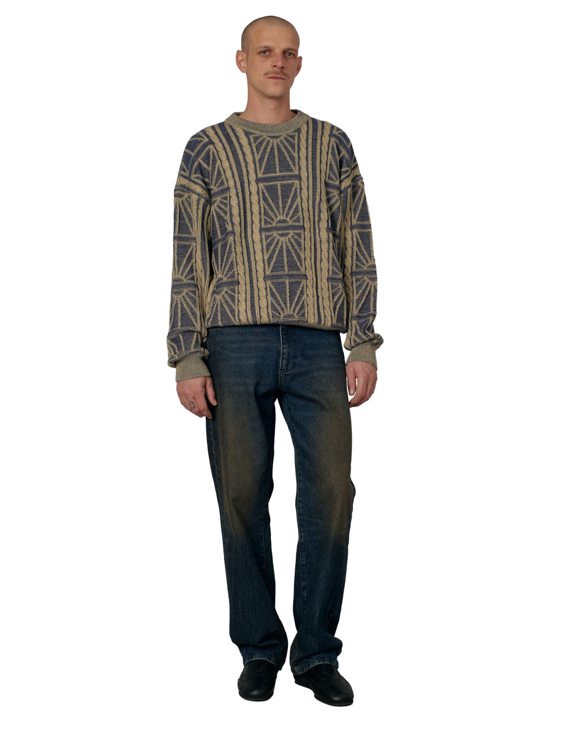 RASSVET(ラスベート) 2026FW ARAN CREWNECK アラン編みのクルーネックニット ブルー 着用イメージ 正面