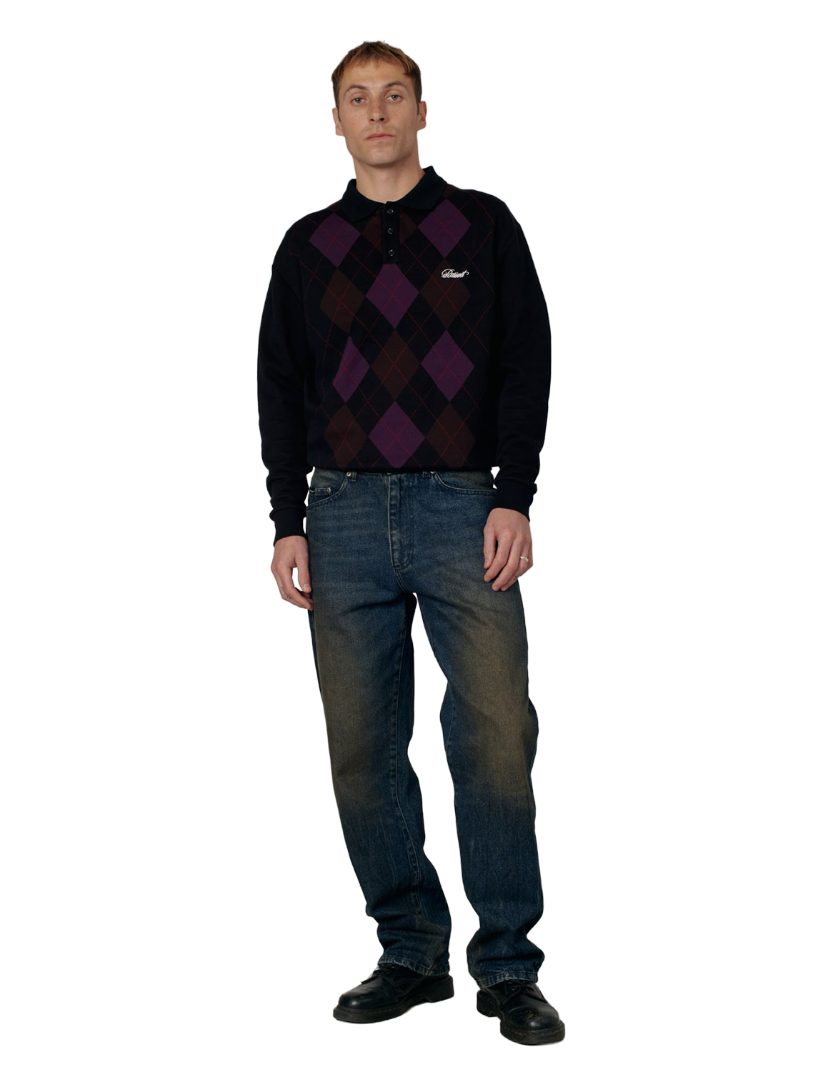 RASSVET(ラスベート) 2026FW ARGYLE POLO アーガイル柄の長袖ポロシャツ ブラック 着用イメージ 正面