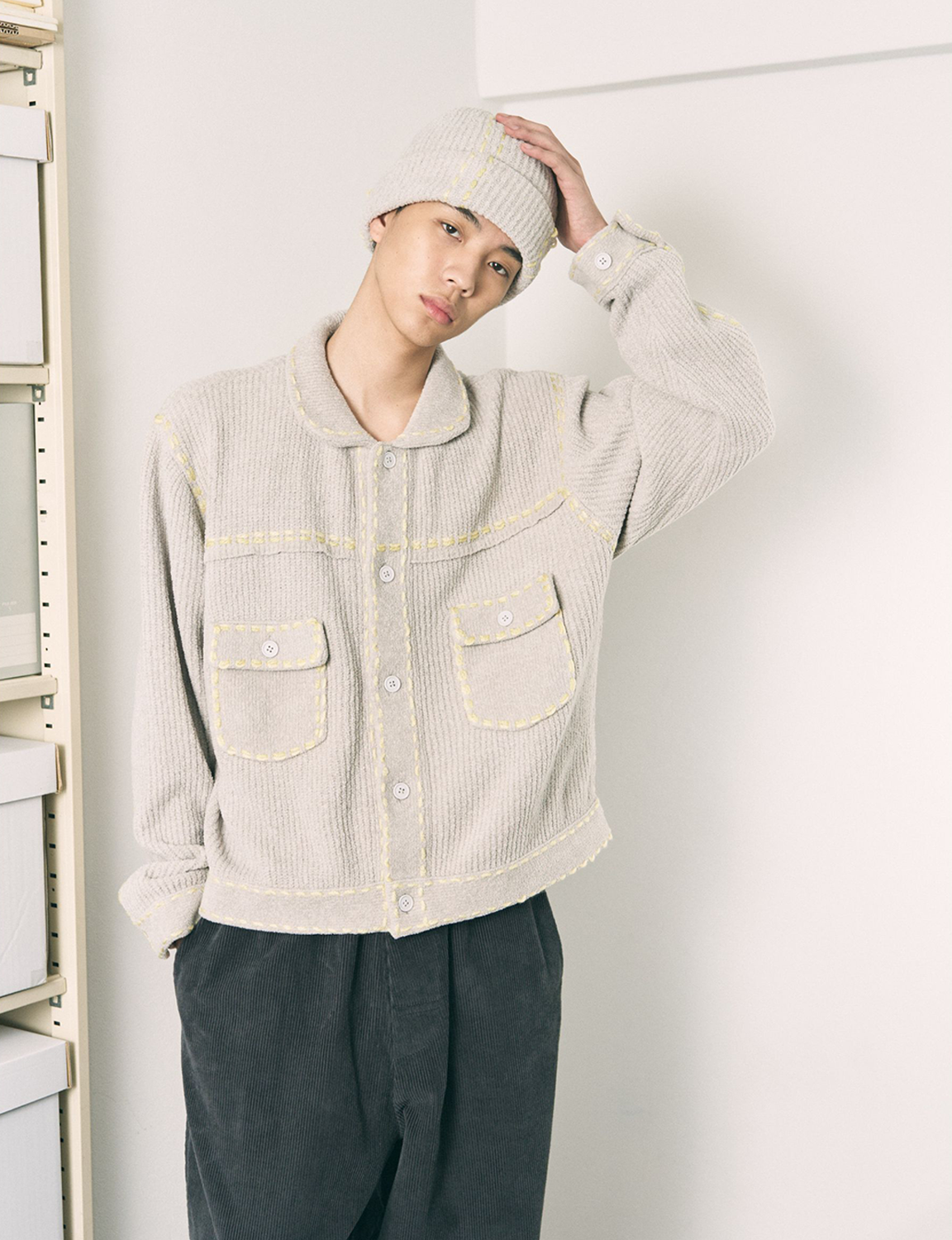 PHINGERIN(フィンガリン) 2026FW PG1 KNIT ニットジャケット グレー 着用イメージ