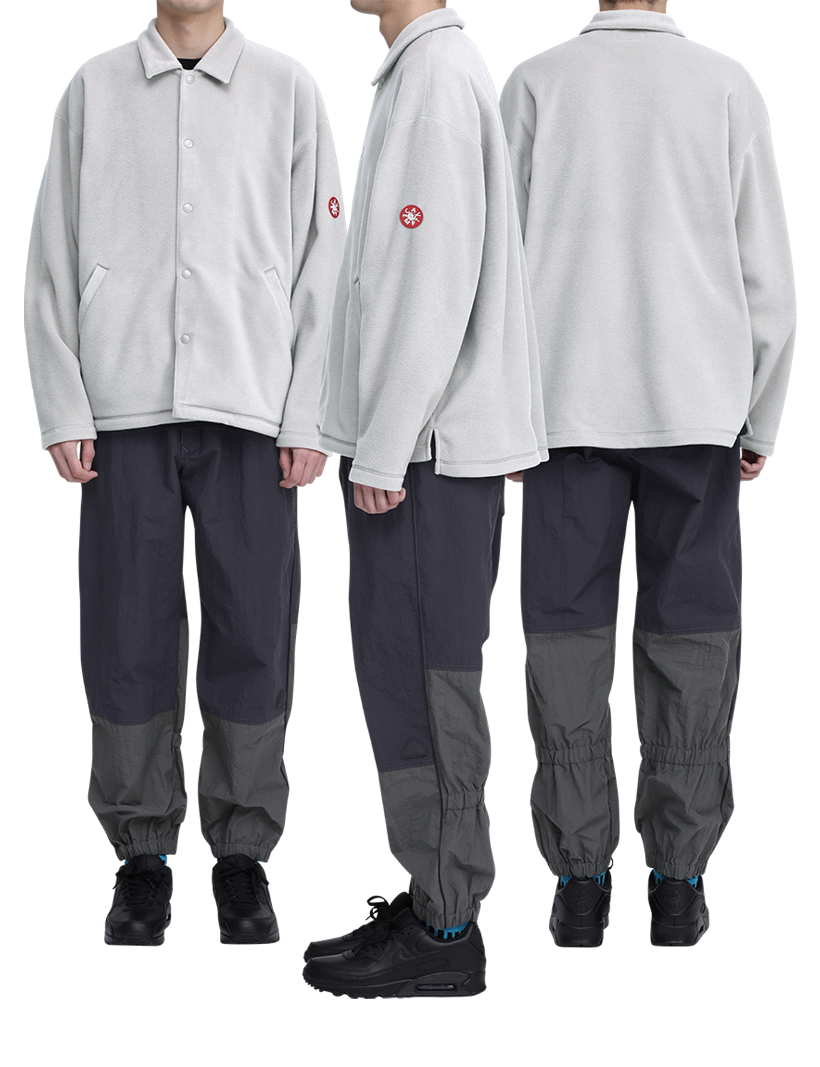 C.E CAV EMPT(シーイー) 2026FW FLEECE SNAP SHIRT フリースシャツ グレー 着用イメージ