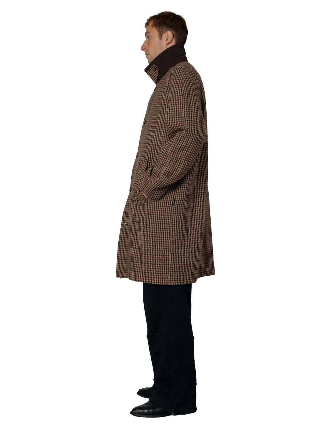 RASSVET(ラスベート) 2026FW HOUNDSTOOTH WOOL COAT 千鳥格子のウールカーコート ブラウン 着用イメージ 横