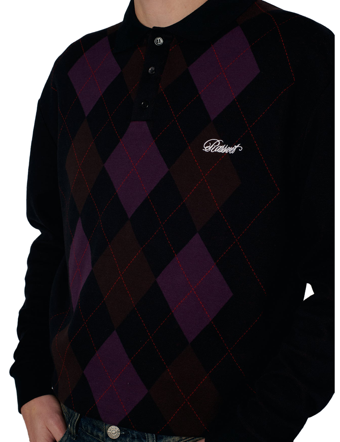 RASSVET(ラスベート) 2026FW ARGYLE POLO アーガイル柄の長袖ポロシャツ ブラック アーガイル柄のディテール