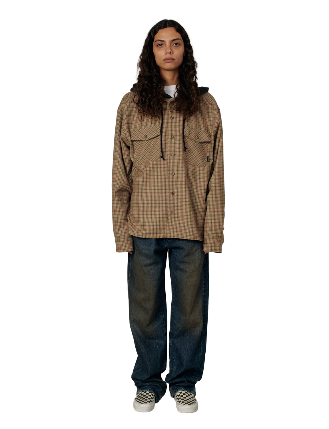 RASSVET(ラスベート) 2026FW HOODED WOOL COMBO OVER SHIRT フード付きチェックのウールオーバーシャツ ブラウン 着用イメージ ウィメンズ 正面