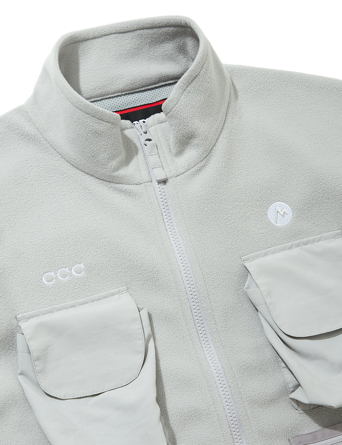CITY COUNTRY CITY(シティ・カントリー・シティ) 2026FW × Marmot POLARTEC FLEECE JACKET フリースジャケット グレー 胸元のロゴとポケットのディテール
