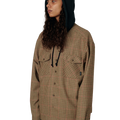 RASSVET(ラスベート) 2026FW HOODED WOOL COMBO OVER SHIRT フード付きチェックのウールオーバーシャツ ブラウン 着用イメージ ウィメンズ フードをかぶった横