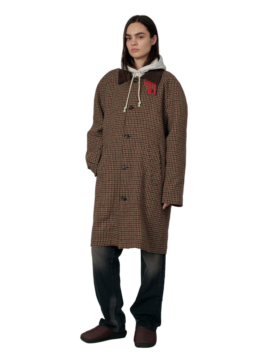 RASSVET(ラスベート) 2026FW HOUNDSTOOTH WOOL COAT 千鳥格子のウールカーコート ブラウン 着用イメージ ウィメンズ 正面