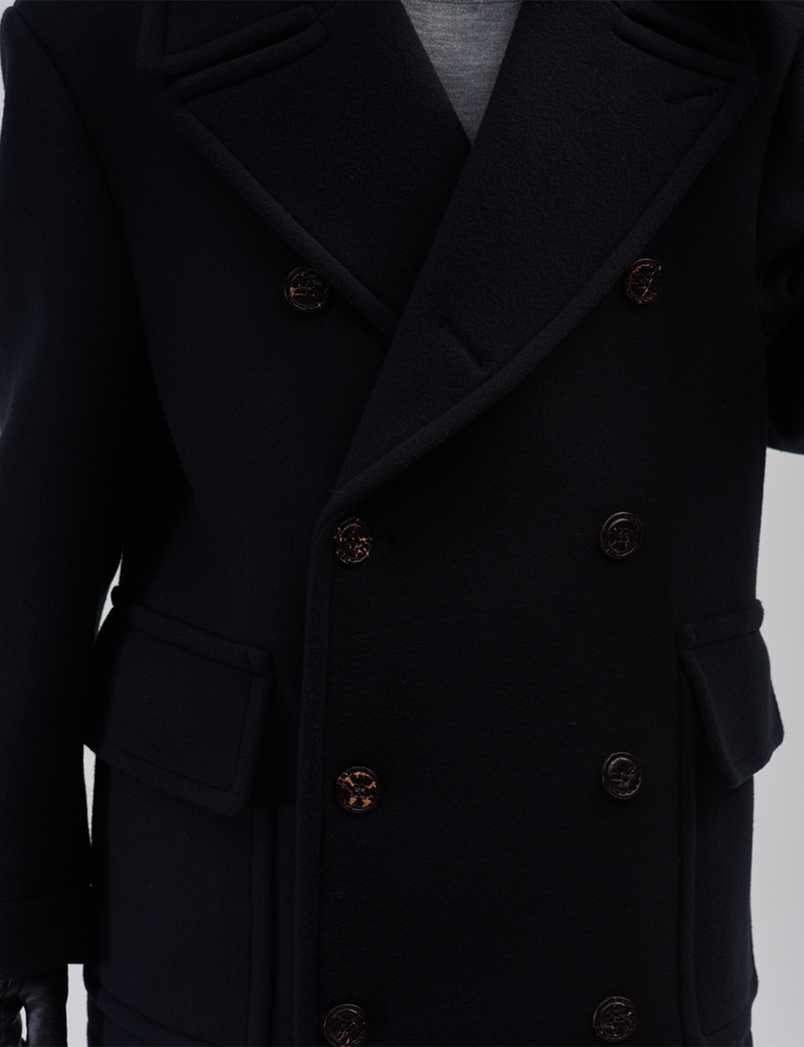 BED j.w. FORD(ベッドフォード) 2026FW Box ダブルブレストウールジャケット ブラック フロントのディテール