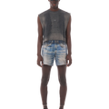 SATISFY(サティスファイ) 2026FW AmbientWarp™ 5" Unlined Shorts ランニングショーツ デジタルデニム 着用イメージ 正面 タンクトップと