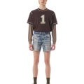 SATISFY(サティスファイ) 2026FW AmbientWarp™ 5" Unlined Shorts ランニングショーツ デジタルデニム 着用イメージ 正面 フットボールTシャツと