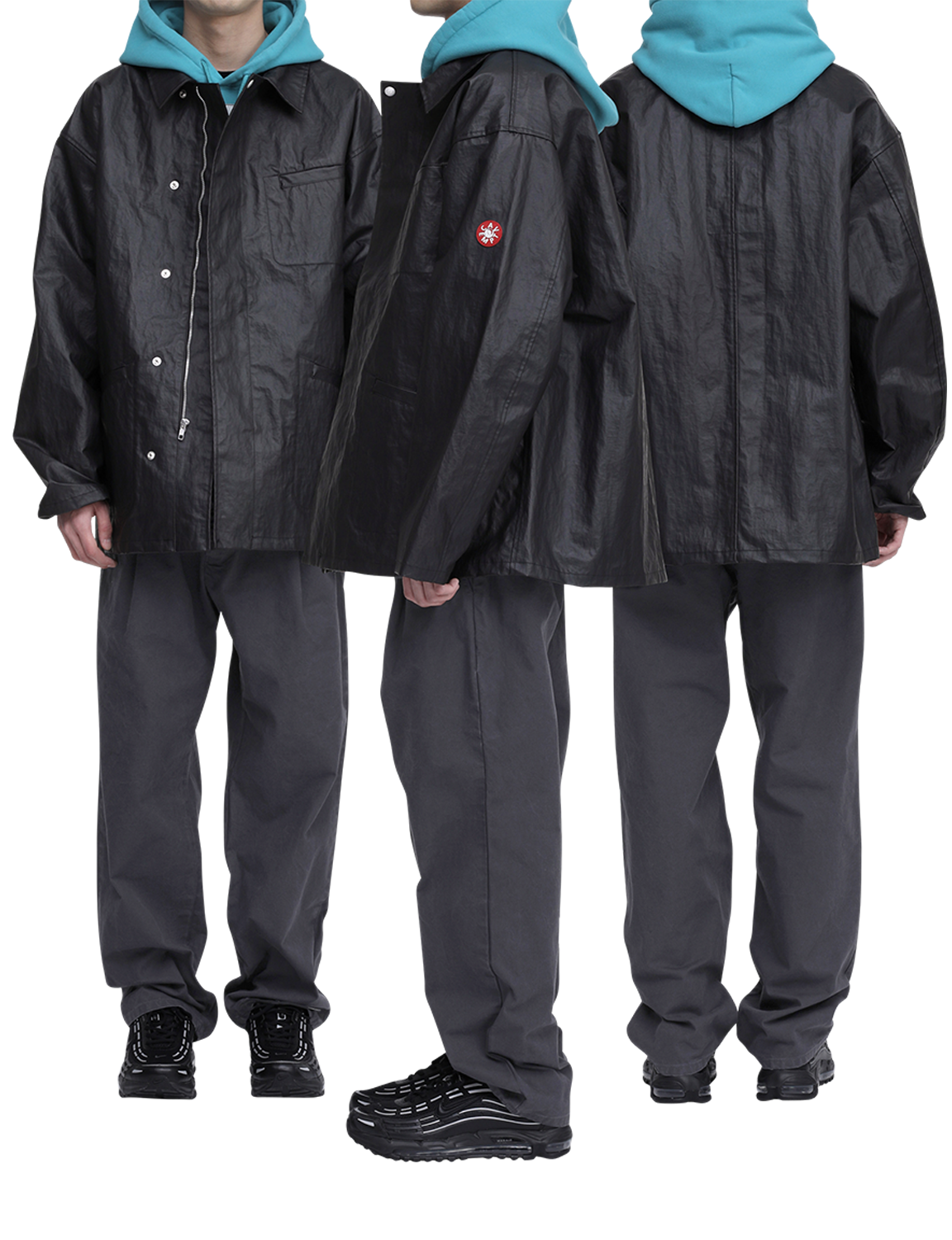 C.E CAV EMPT(シーイー) 2026FW PU LAYER NYLON ZIP JACKET PUコーティング ナイロンジップジャケット ブラック 着用イメージ